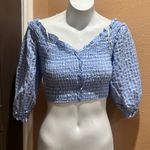 ZARA  light blue checkered off the shoulder, cropped top Photo 0