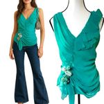 Lulumari y2k Teal Aqua Blouse Top Ruffle Detail Floral Applique Party top Small EUC Photo 1