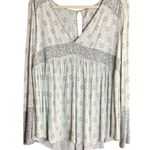 Free People  Rolling Hills Green & White Bell Sleeve V-Neck Blouse with Keyhole Photo 1
