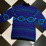 Vintage 80s 90s Oversized Sweater Acrylic Fair Isle Bright Neon Blue Purple sz L Size L Photo 0