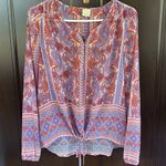 Ecru EUC Paisley Print Drawstring Hem Blouse Large Photo 1