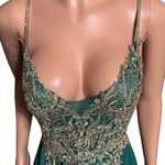 Chica teal green gold embroidery spaghetti straps lace up maxi dress XL Photo 4