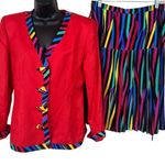 Vintage 80's Ann Lawrence Silk Blend Rainbow Striped Skirt Set Red Size 10 Photo 9