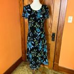 Vintage Black Floral Midi Dress Blue Green Flower Print Short Sleeve Size 12 Photo 7