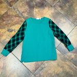Belle Kim Gravel French Terry Sweatshirt with Plaid Flannel Sleeves Large Green Photo 2