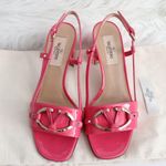 Valentino Hot Pink Patent Leather Silver V Logo Open Toe Kitten Heels Size undefined Photo 3
