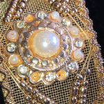 Gold Tone Mesh Rhinestone Faux Pearl Boho Retro Chunky Bangle Bracelet Photo 1