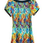 Essentials by Milano Top L Floral Micro Pleat Stretch Colorful Boho Blue Size L Photo 3