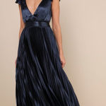 Lulus NWT  Exceptional Drama Navy Blue Satin Lace-Up Pleated Maxi Dress Photo 0