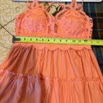 Zenana Outfitters crochet lace cross strap smocked, light peach, ruffle, cami tunic size L Photo 8