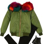Popski Olive Green Bomber Jacket Rainbow Faux Fur Trim Multicolor Lining Women M Size 6 Photo 1