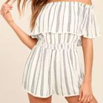 Lulus See Ya There White Black Striped Off the Shoulder Ruffle Romper Large Photo 0