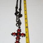 Red Silver Tone Chunky Cross Rose Charms Double Chain Necklace 22" Unsigned Photo 8