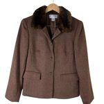 Talbots Faux Fur Collar Wool Herringbone Tweed Button Front Jacket in Brown Sz 8 Photo 0