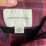American Eagle Size S Hooded Cropped Flannel Shirt Burgandy Plaid Distressed Photo 6