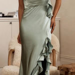 Selfie Leslie Elegant One-Shoulder Ruffle Dress in Sage Green Photo 0