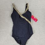 Roxanne One Piece Swimsuit Womens 38DD Black V Neck Gold Animal Print Trim NEW Size L Photo 12