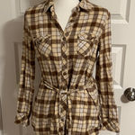 OP Tan and Brown Plaid Flannel Shirt with front pockets and belt Photo 0