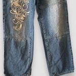 Women Low Rise Washed Baggy Jeans Heart Floral Graffiti Wide Leg Denim Sz Sm Blue Photo 4