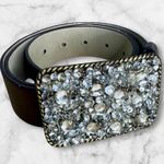 Brown Leather Belt Crystal Rhinestone Buckle Western Formal Glam Photo 2