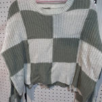 Moon & Madison Checkerboard Knit Cropped Sweater M Sage Green White Long Sleeve Size M Photo 0