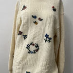 Yessiva Cream Floral Crochet Knit Embroidered Rustic Crew Neck Wool Sweater Med Yellow Size L Photo 0
