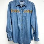 Vintage 90s Solutions Denim Floral Embroidered Long Sleeve Button Up Top Size M Blue Size M Photo 0