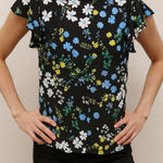 Loft  Black Floral‎ Ruffle Cap Sleeve Blouse - Size Small NWOT Photo 0