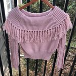 Boutique Cable Knit Off Shoulder Fringe Sweater  Photo 3