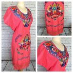 Mexican Embroidered Coral Floral Caftan Shift Oaxacan Peasant Boho Dress XL NWOT Orange Photo 1