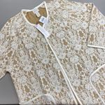 Chico's  Bonded Lace Henrietta Cardigan Jacket Faux Leather Tan White Size 2 Large Photo 0