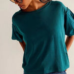 Free People  We The Free Blossom Tee Blouse Top Puff Sleeve Cotton Teal Medium Photo 0
