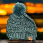 Authentic C.C Beanie Women’s Green Slouchy Cable Knit Faux Fur Pom Hat Winter Photo 8