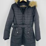 Karl Lagerfeld  Belted Puffer Trench Coat Faux Fur Hood Black Size L Photo 2