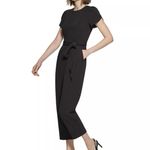 Calvin Klein Black Tulip Sleeve Belt Stretch Wide Leg Crop Jumpsuit Size 2 Photo 2