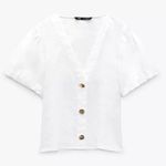 ZARA Women’s 100% Linen V-Neck Button Down Shirt Shortsleeve in White M Photo 1