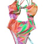 Cupshe Tropical Floral Impressions Tunneled Cutout One Piece Swimsuit in Hot Neon Pink Photo 5