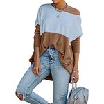 Loose Long Sleeve Color Block Pullover With Pockets Brown Camel Small Photo 4