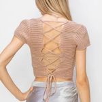 Free People Mahina Hawaii NWT Women's Beige 1976 Crochet Knit Back Open Lace Up Crop Top L Photo 1