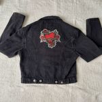 Women's Black Denim Jacket With Heart Floral Design Sz Medium Vintage Rare Photo 6
