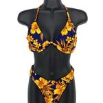 Venus VTG 90s Bikini Swimsuit 4 Pc Set Tops + Bottom + Sarong Blue Yellow Floral Photo 5