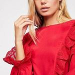 Free People Take it Easy Top Red Ruffle Button Keyhole Lace Peplum Long Sleeve Photo 11