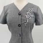 Vintage 90s Floral Embroidered Plaid Maxi Dress Sheath Button Front Gray White 8 Photo 3