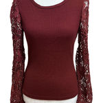 Pretty Garden Fitted Ribbed Top Womens S Lace Sleeves Burgundy Romantic Feminine Red Photo 0