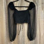 Privy  Black Long Mesh Sleeve Ruched Smocked Back Cropped Top Medium Photo 1