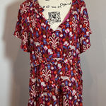 By Anthropologie Dress Medium Floral Print Ruffle V Neck Short Sleeve Tiered Red Photo 0