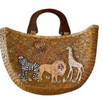Vintage 2004 Cappelli Straworld basket weave Safari animal Purse Wood Handles Tan Photo 0