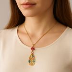 Gold Floral Teardrop Pendant Necklace Pink Rose Rhinestone Cottagecore Photo 0
