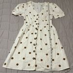 MINE Cream and Brown Polka Dot Linen Mini Puff Sleeve Dress Photo 5