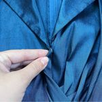 Tadashi Shoji TADASHI • Stretch Taffeta Blouse teal blue ruched sleeve tie waist wing collar Photo 3